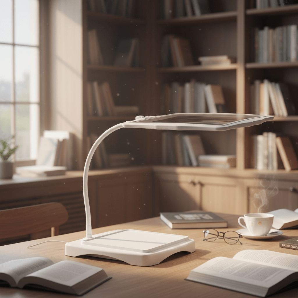 White LED magnifying lamp with adjustable arm. Perfect workspace light for detailed hobbies, crafts, and reading.