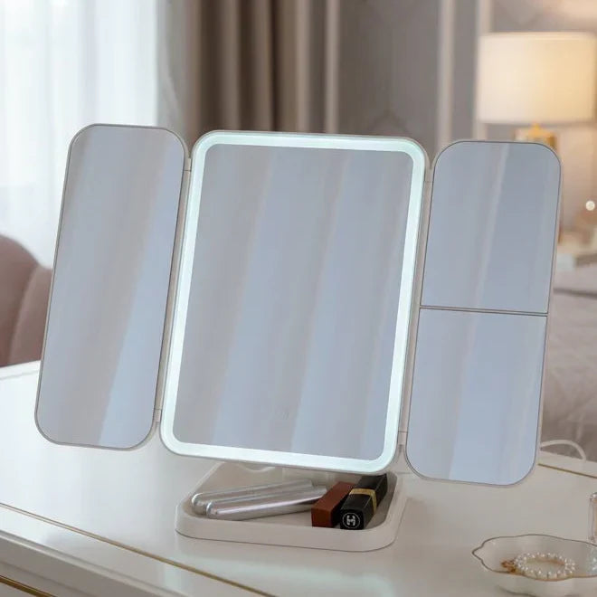 LED Tri-Fold Vanity Mirror with 3 adjustable color light modes for flawless makeup application on any tabletop.