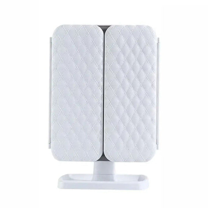 Brightly lit tri-fold LED vanity mirror, showcasing its 3 distinct color light modes for professional makeup.