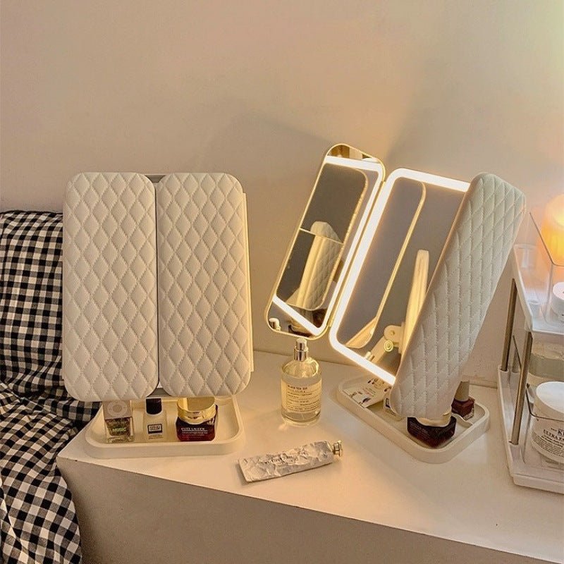 Tabletop LED Tri-Fold Mirror, offering 3 dimmable light colors for versatile beauty and cosmetic tasks.