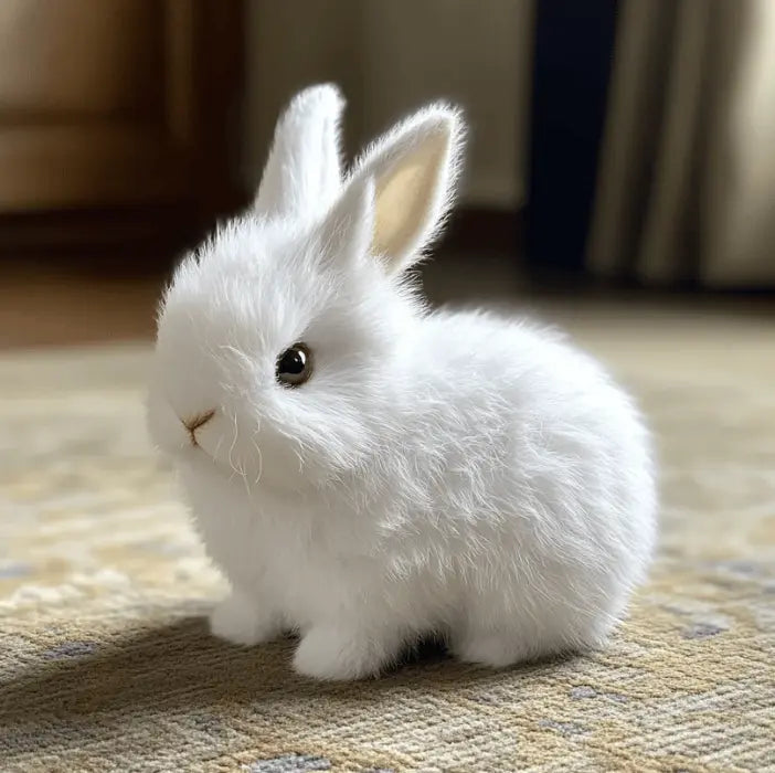 Lifelike white rabbit plush toy with soft fur, realistic movements. Perfect as a kids' interactive pet or home decor.