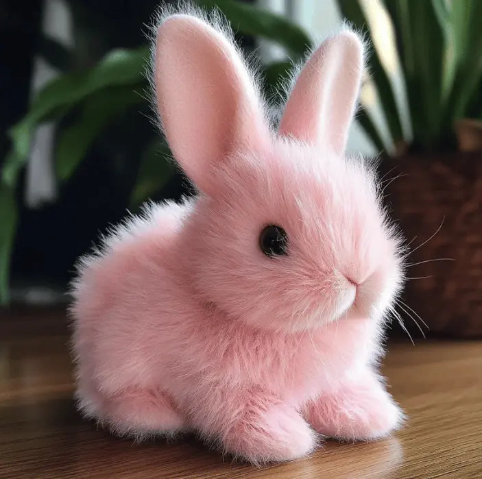 White realistic rabbit plush toy, incredibly soft fur & lifelike movements. An adorable interactive bunny companion.