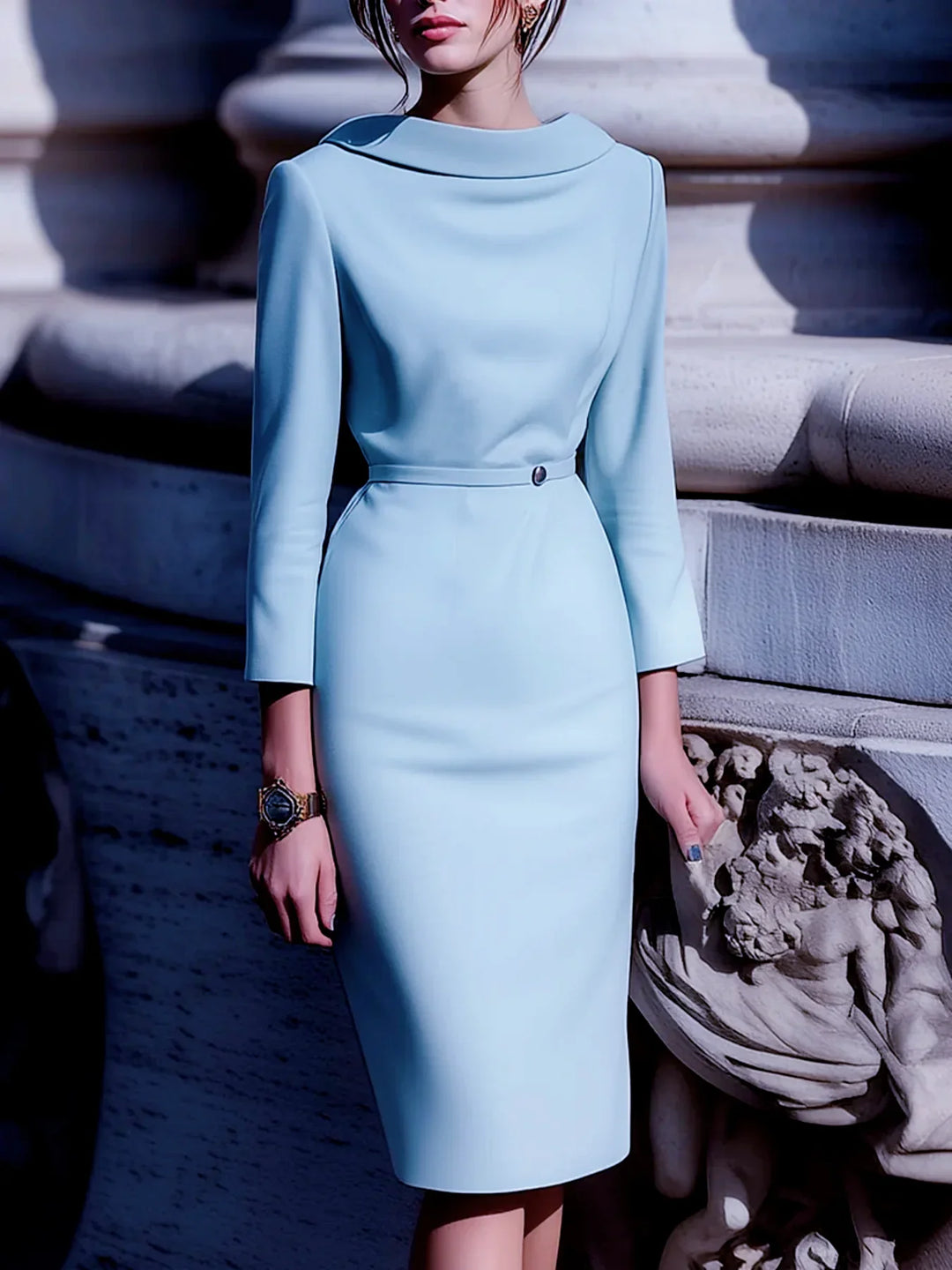 Light blue women's belted midi dress with turn-down collar, V-back, and mid-sleeves, perfect for work.
