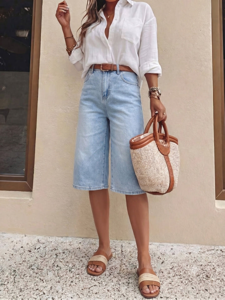 Comfortable light blue high waist wide leg culotte shorts for women, ideal for relaxed everyday style.