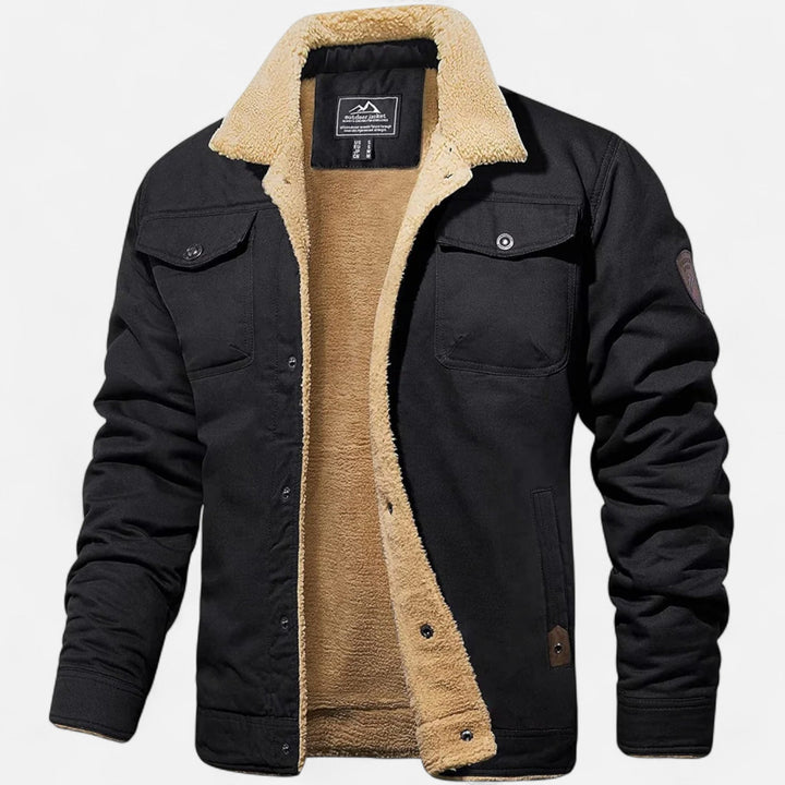 Light-brown men's classic aviator bomber jacket with cozy sherpa collar. Timeless winter style & warmth.