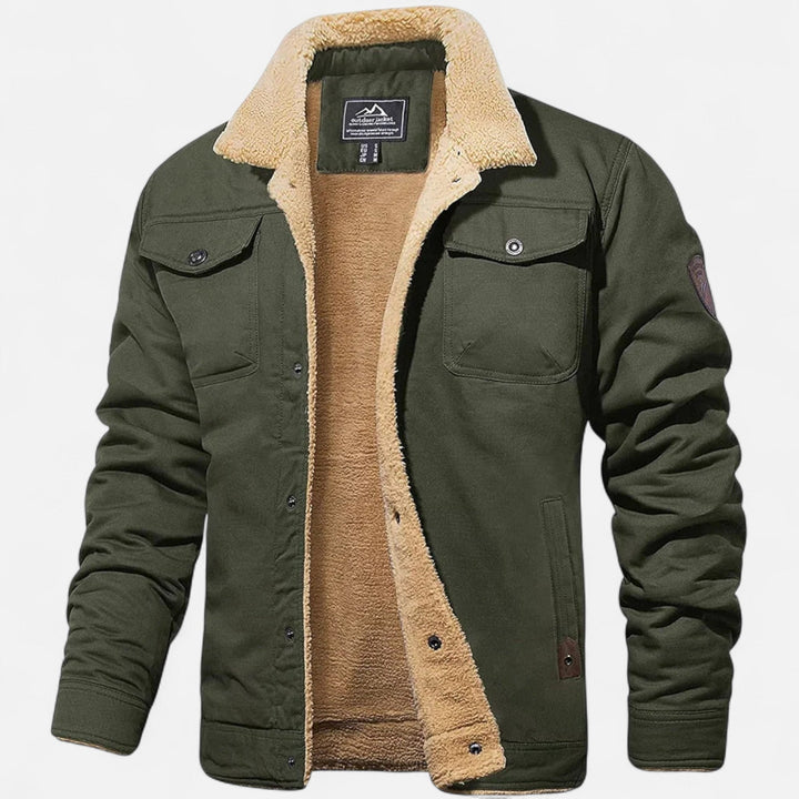 Dark-blue men's modern fit aviator bomber jacket. Features a stylish sherpa collar for winter warmth & comfort.