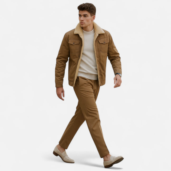 Men's stylish winter bomber jacket with a soft sherpa collar. Perfect aviator outerwear for cold weather fashion.