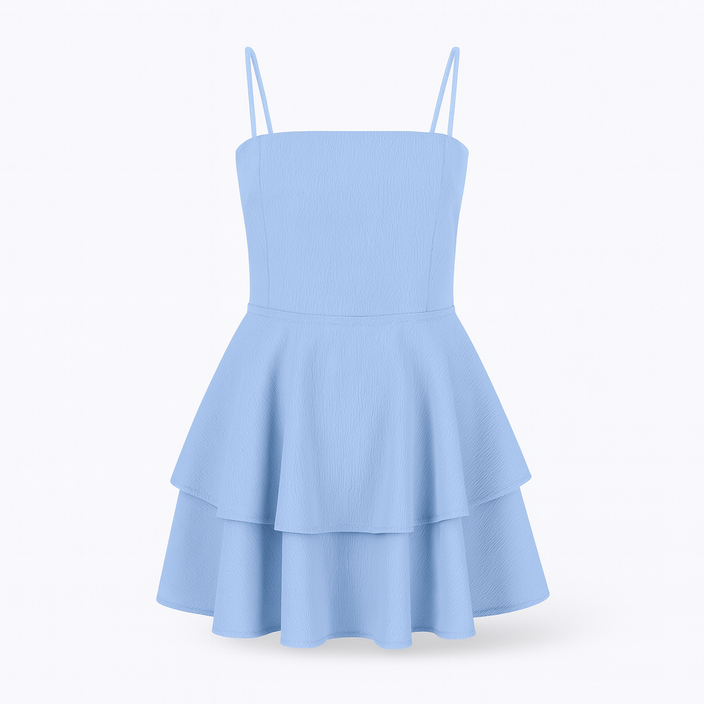 Light blue women's ruffle mini dress, an A-line style with thin spaghetti straps for comfort.