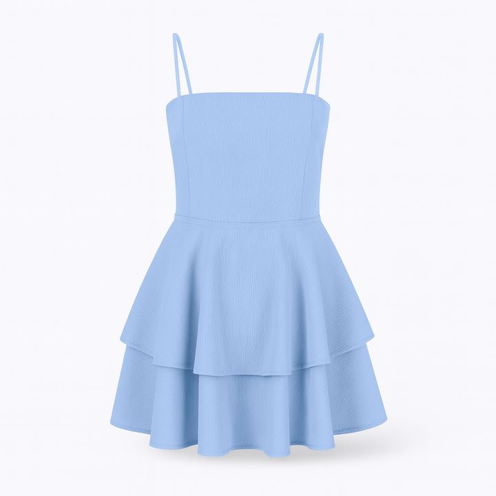 Light blue women's ruffle mini dress, an A-line style with thin spaghetti straps for comfort.