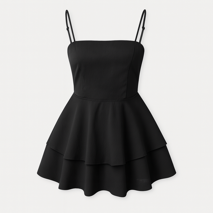 Stylish dark red ruffle mini dress with spaghetti straps, a chic choice for parties and events.