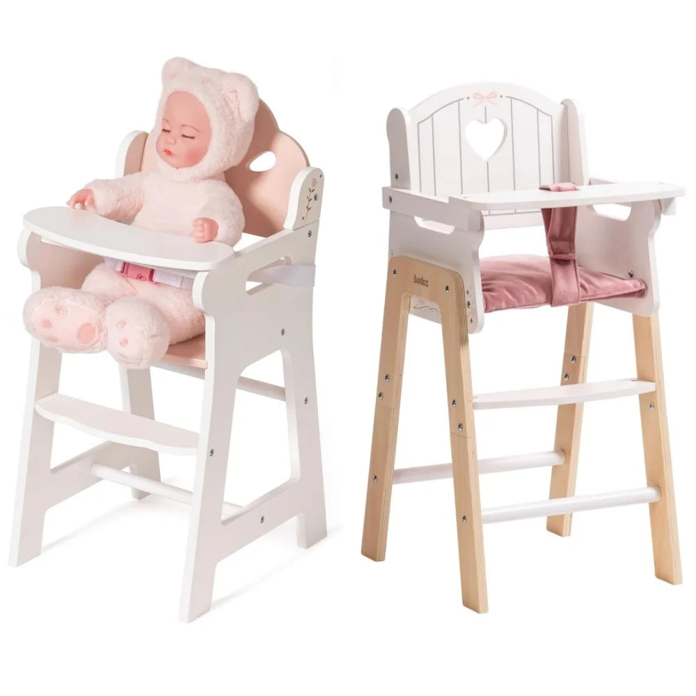 Light pink wooden doll high chair with seat belt & movable tray for engaging pretend play.