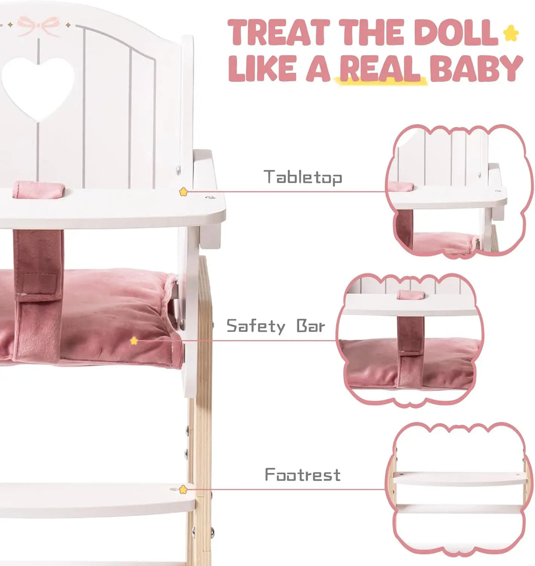 Kids' pink wooden doll high chair featuring a seat belt & movable tray for imaginative role play.