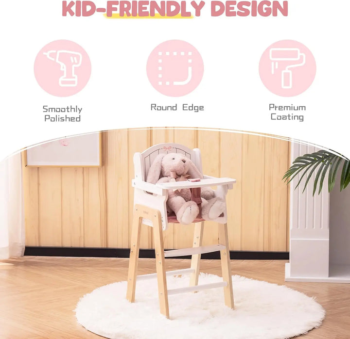 Adorable pink wooden high chair, a perfect baby doll furniture toy & kids' gift for pretend play.