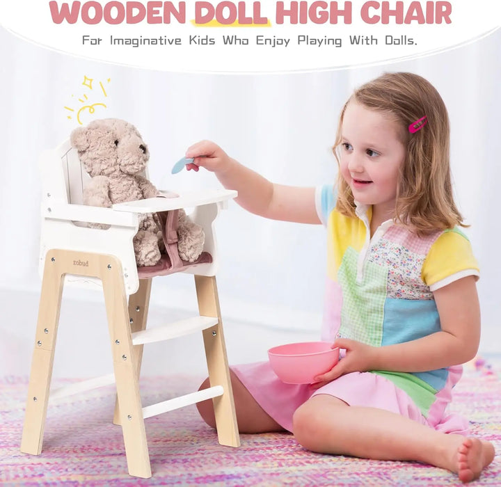 Wooden doll high chair in pink, promotes child development through engaging pretend play with dolls.
