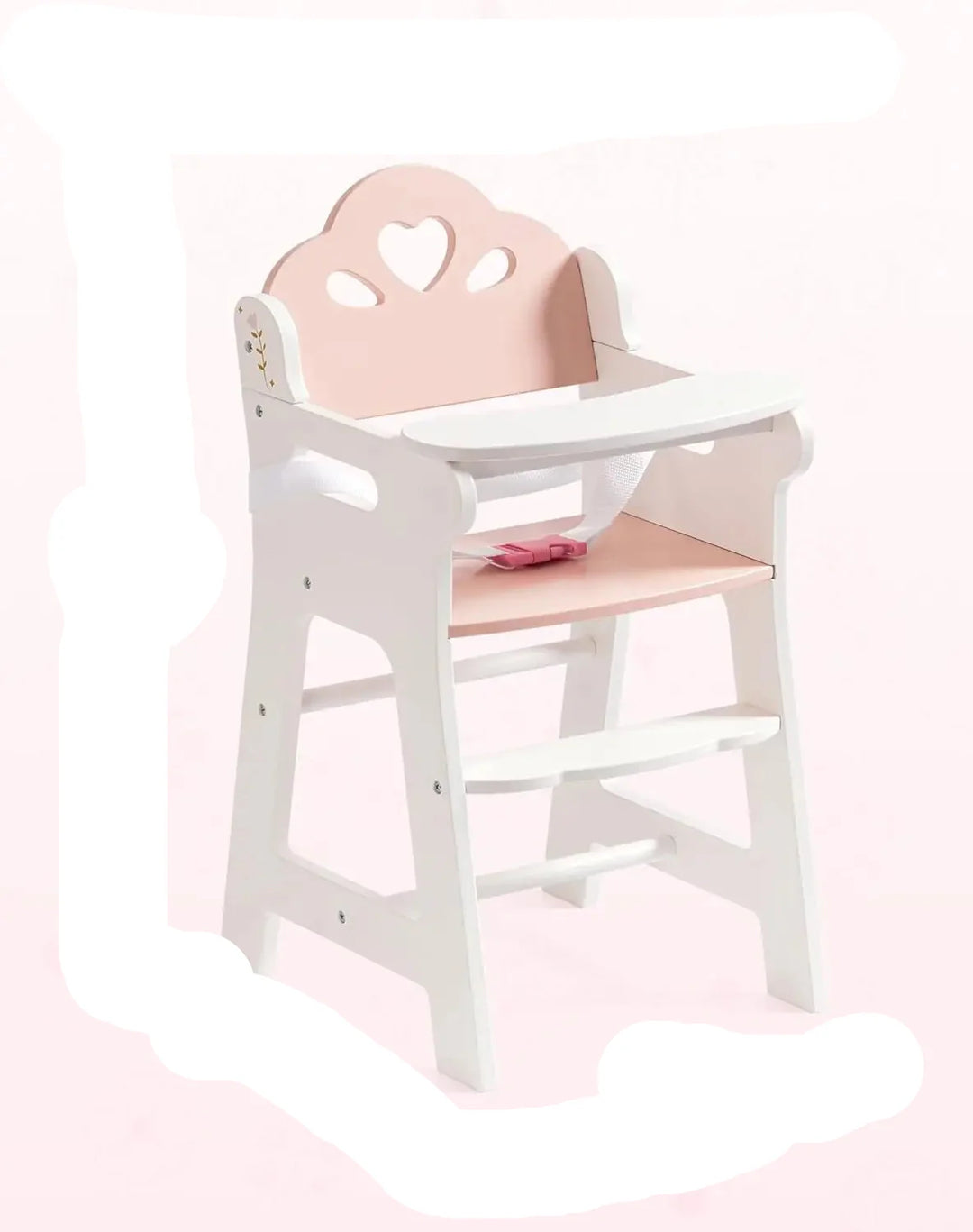 Pink wooden doll high chair, essential doll accessory & toy furniture for pretend kitchen play.