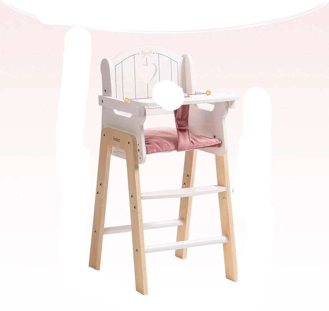 Realistic pink wooden doll high chair with seat belt & movable tray for interactive doll care role play.