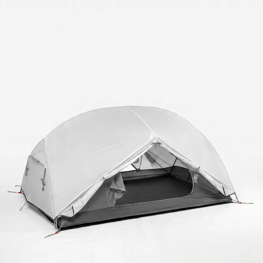 Side view of a water-repellent, freestanding 3-season tent with open vestibule.