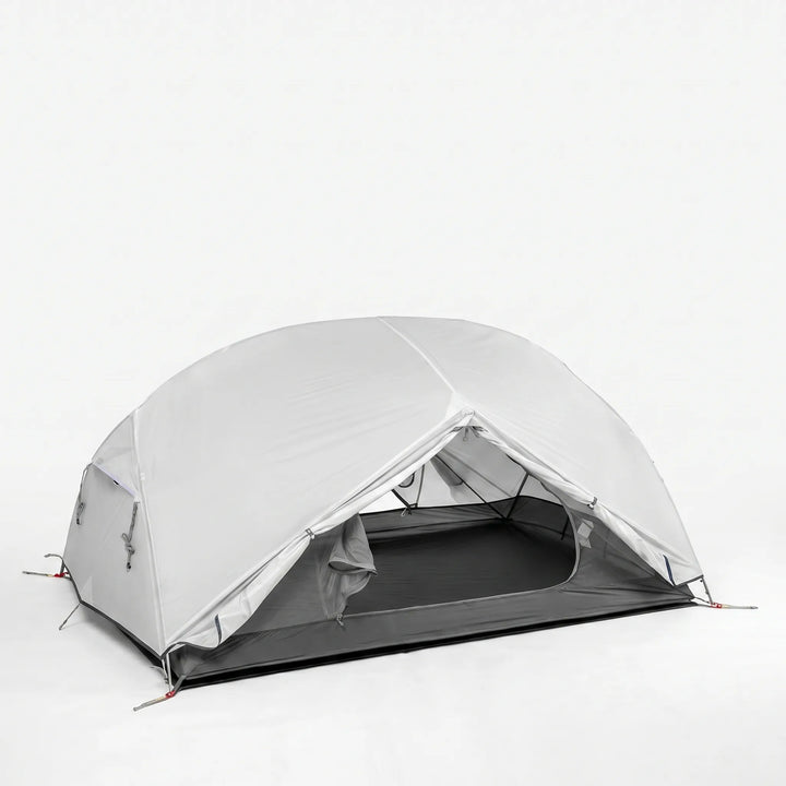 Side view of a water-repellent, freestanding 3-season tent with open vestibule.