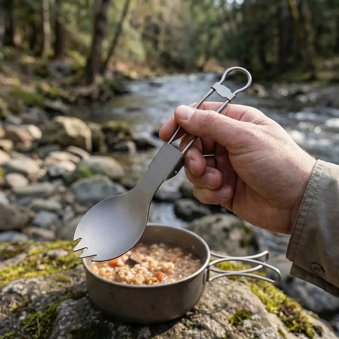 Lightweight foldable titanium spork for camping, hiking, and backpacking. Durable outdoor travel utensil.