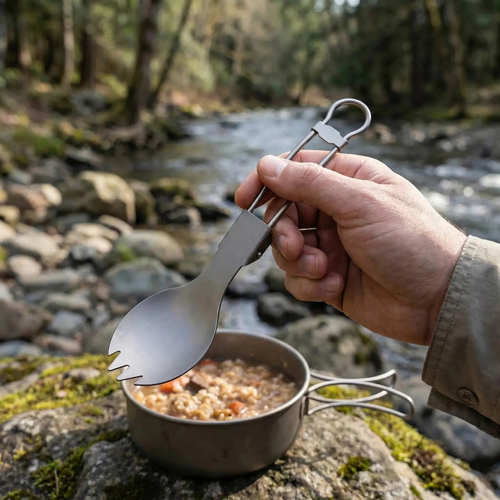 Lightweight foldable titanium spork for camping, hiking, and backpacking. Durable outdoor travel utensil.
