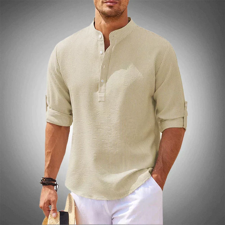 Men's breathable short sleeve summer top, excellent for casual wear, vacation, or beach days. Button-up style.