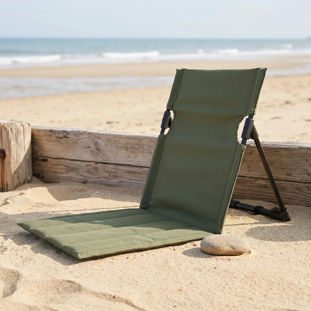 Lightweight portable ground chair with backrest, ideal for camping, picnics & outdoor events. Easy to fold & carry.