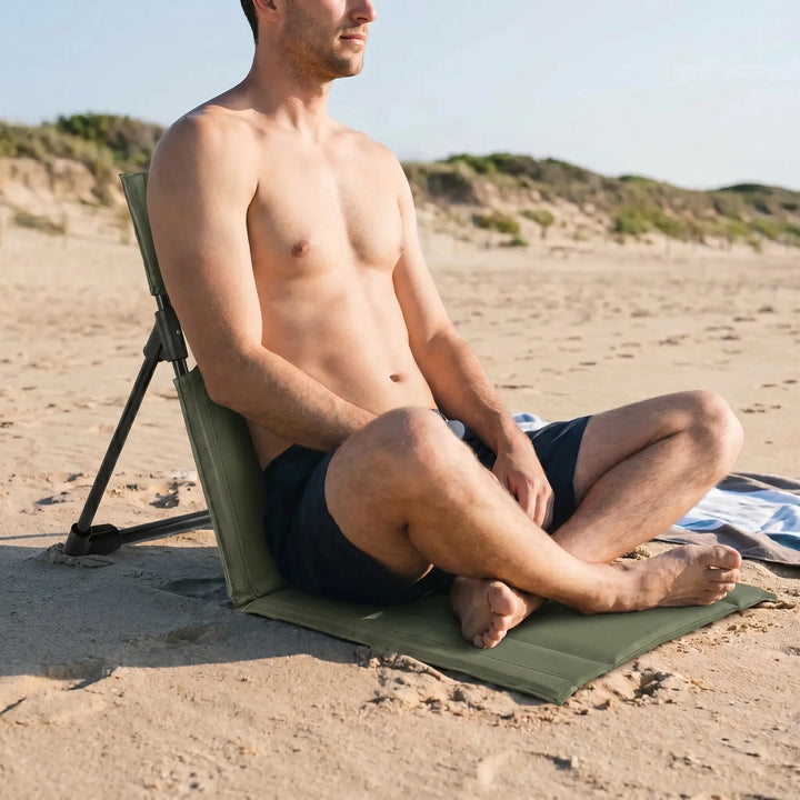 Ultra-light ground chair with backrest, quickly folds for easy transport & storage. Great for hiking and adventures.
