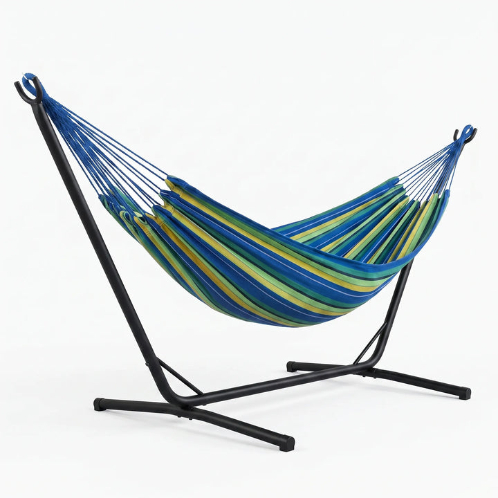 Lightweight portable striped canvas hammock for single-person outdoor relaxation, perfect for camping and travel.