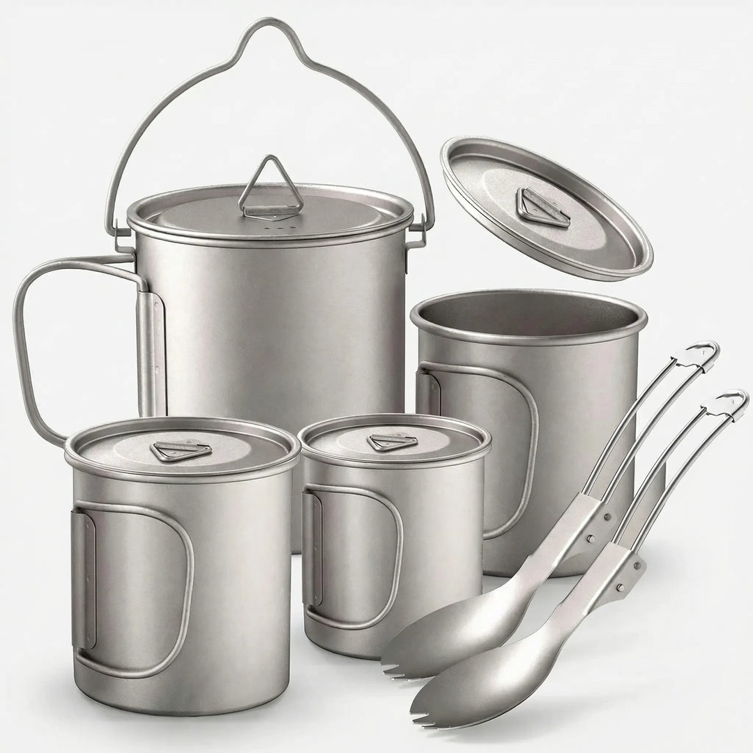 Lightweight titanium camping cookware set for backpacking, including pot, pan, and utensils, ideal for outdoor cooking.