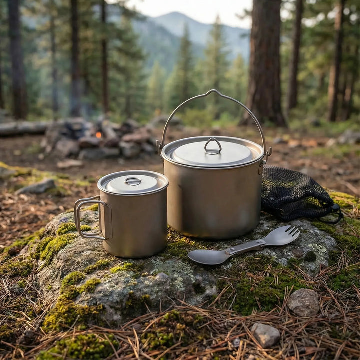 Durable titanium camping pot with folding handle, essential lightweight cookware for backpacking and hiking meals.