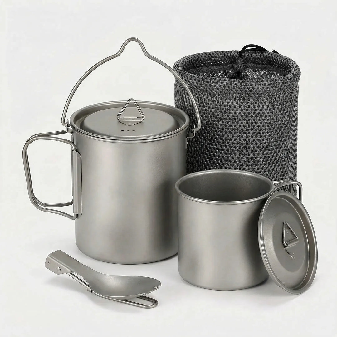 Compact titanium camping cookware set for easy travel. Lightweight pots & pans for backpacking & outdoor kitchen.