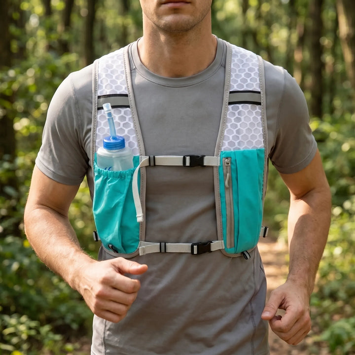 Lightweight turquoise unisex hiking hydration vest for trail running.