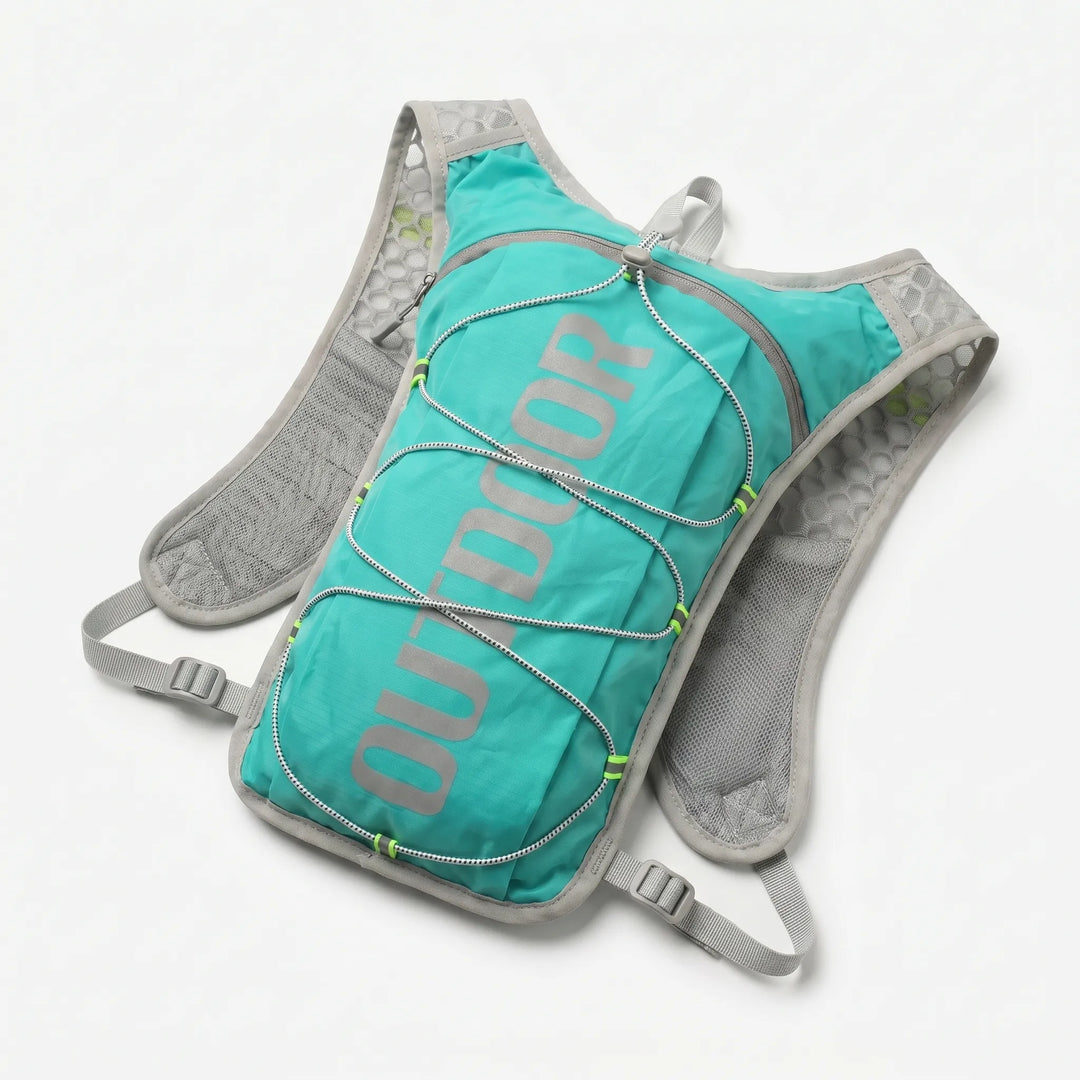 Sleek black unisex hydration vest for running, hiking, and outdoor adventures. Stay light, stay hydrated.