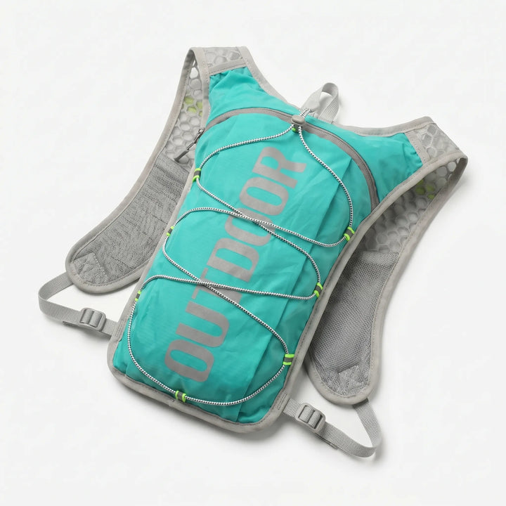 Sleek black unisex hydration vest for running, hiking, and outdoor adventures. Stay light, stay hydrated.