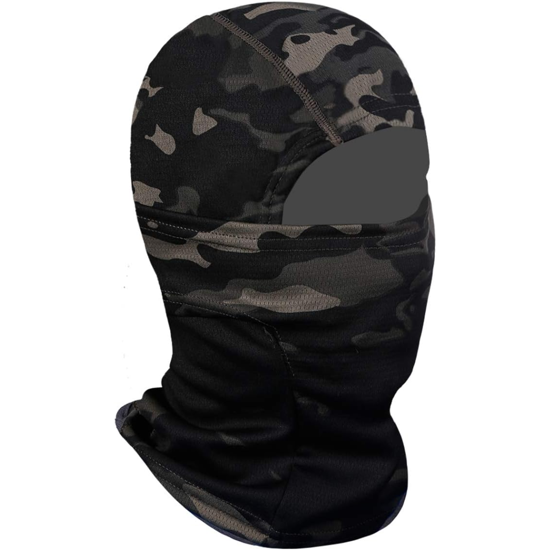 Camouflage lightweight ski mask with UV protection. Unisex balaclava face mask for outdoor gear.