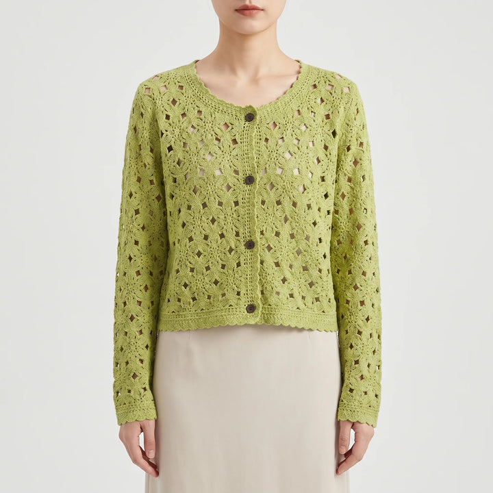 Bohemian beige openwork cardigan, a lightweight long-sleeve layer ideal for beach cover-up or casual wear.