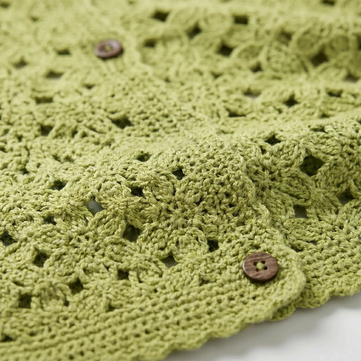 Stylish khaki openwork cardigan for women, a lightweight & breathable spring/summer layer with long sleeves.