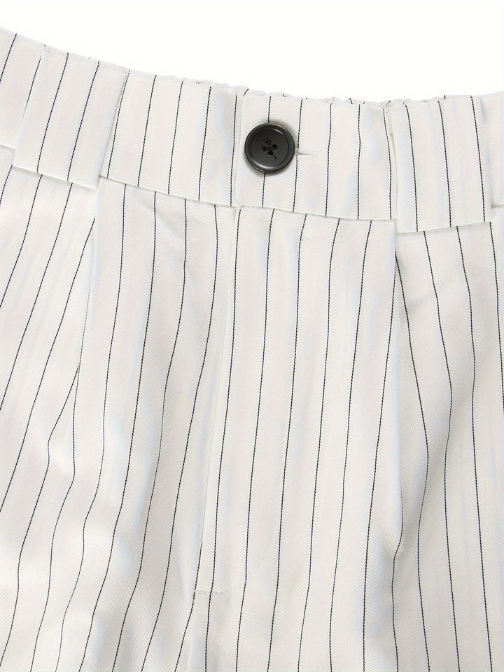 Women's striped blazer and matching shorts set. A versatile lightweight two-piece for summer fashion.