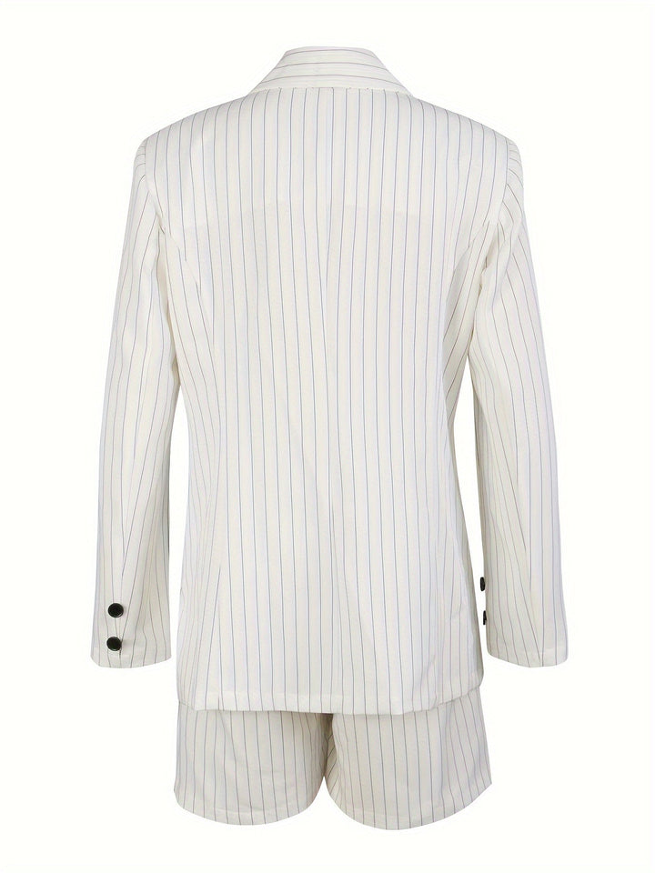 Vivian women's striped summer blazer and shorts set. Elegant, lightweight two-piece casual chic fashion.