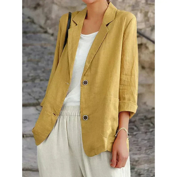 Lightweight yellow women's button-up cardigan with 3/4 sleeves, relaxed fit for everyday casual or smart-casual layering.
