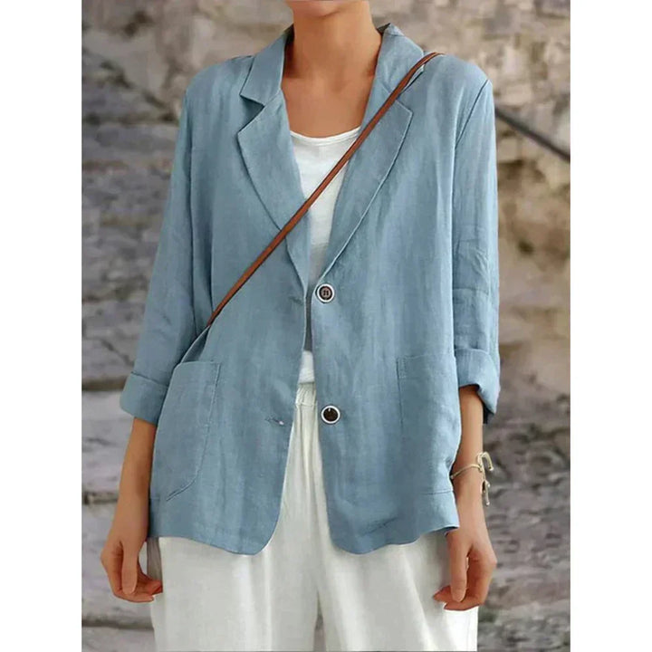 Versatile blue women's button-up cardigan, lightweight with 3/4 sleeves. Perfect for casual layering and everyday style.