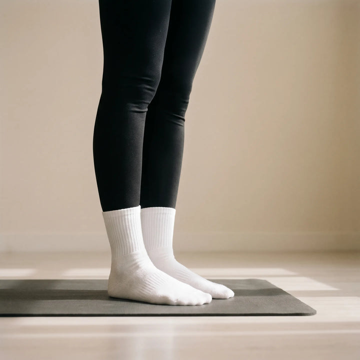 Lilac women's grippy athletic crew socks for yoga, Pilates & barre. Non-slip studio workout socks.