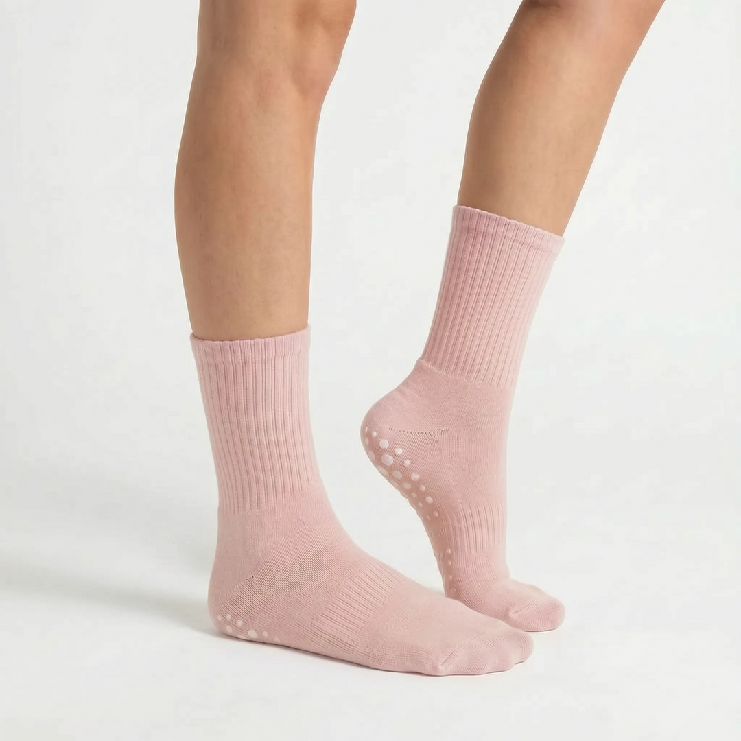 Women's athletic crew socks with grippy sole for studio workouts, yoga, Pilates, and barre fitness. Lilac.