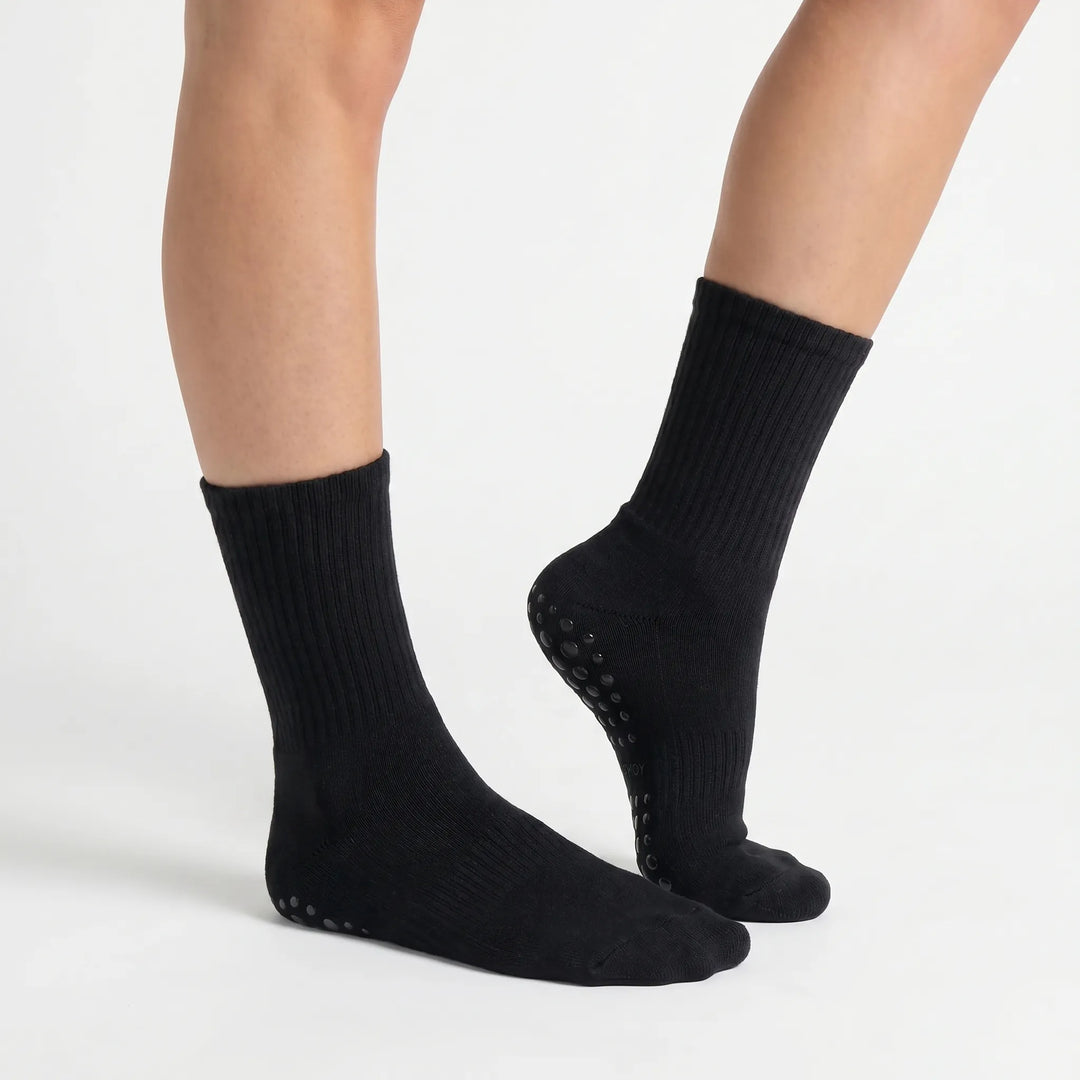 Lilac women's studio workout socks. Grippy athletic crew socks for yoga, Pilates, and barre fitness.