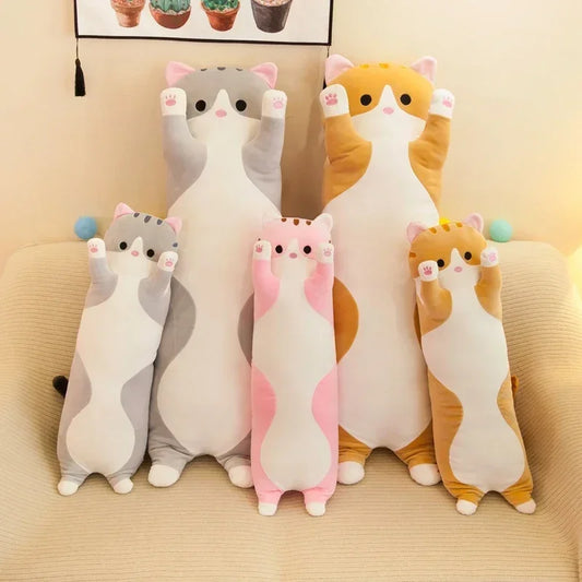 Long grey cat plush pillow, perfect for kids' naps and playtime, soft polyester.