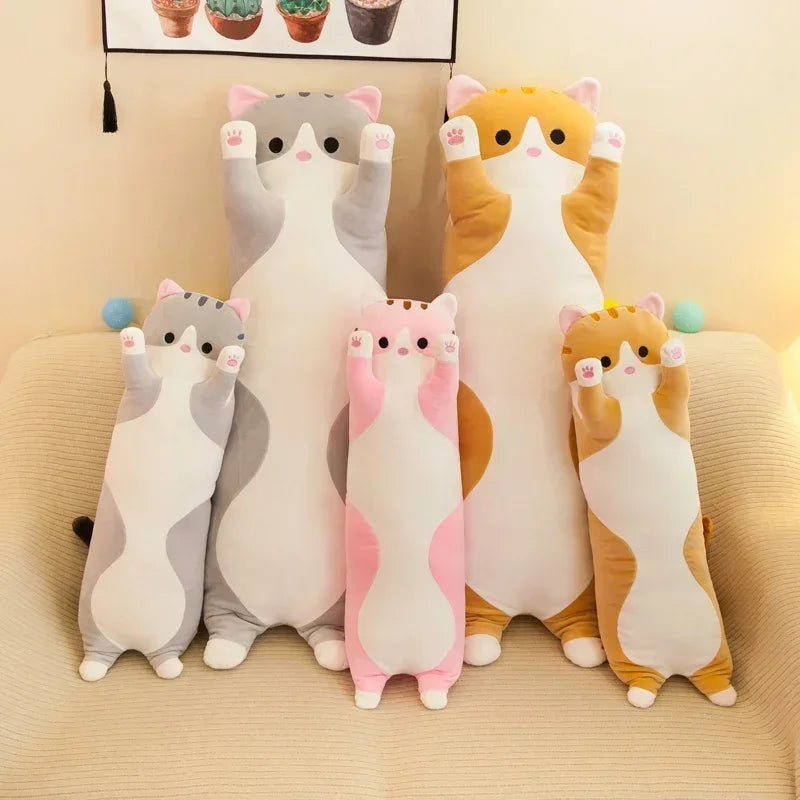 Playful long cat stuffed animal, ideal for children's playtime and naptime comfort.