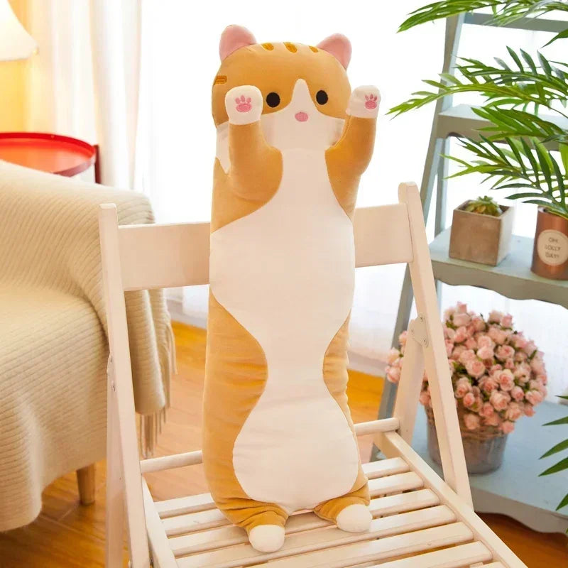 PP cotton long cat plush, a durable and soft comfort pillow for young children.
