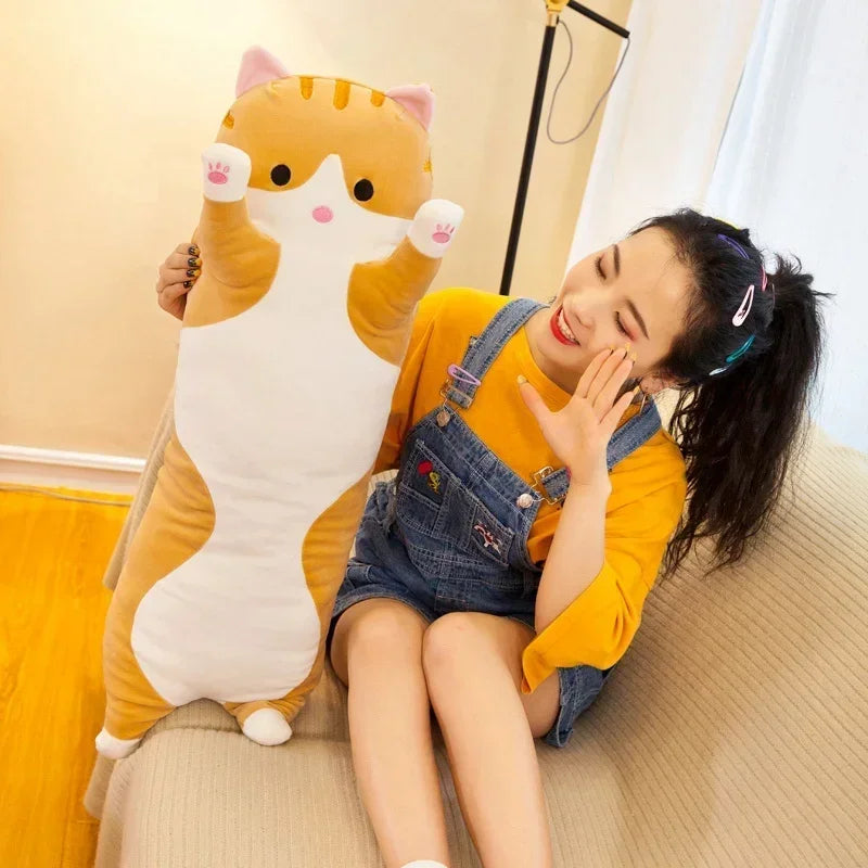 Kids' long cat comfortable pillow, made with soft polyester for delicate skin.
