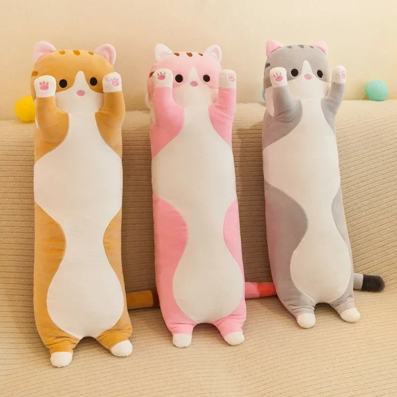 Unisex long cat plush toy for babies, ideal as a comfort pillow and nursery decor.
