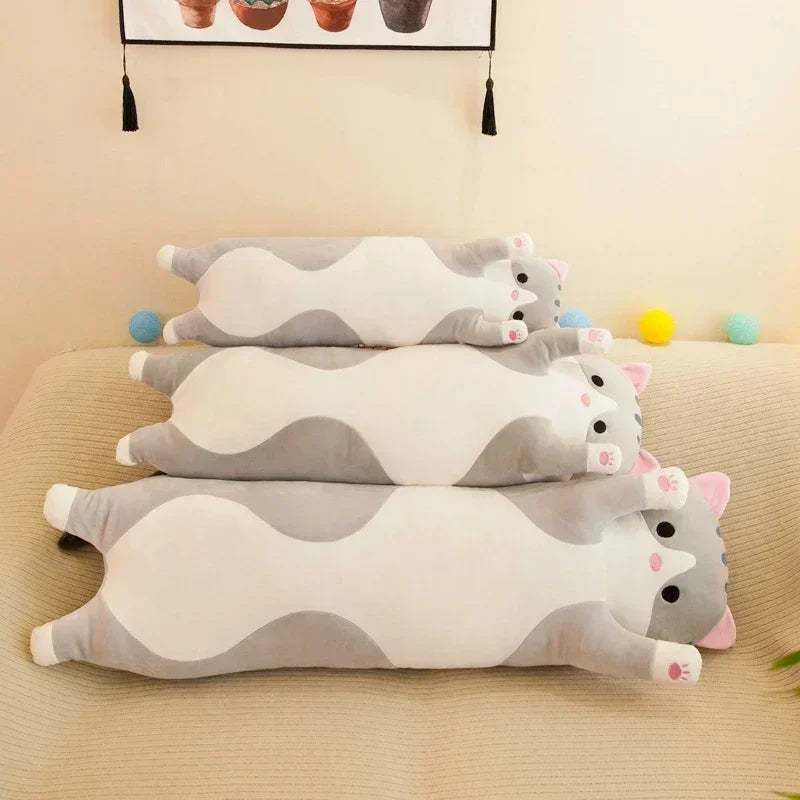Cute long cat plush pillow, a cuddly playtime companion and baby toy gift.